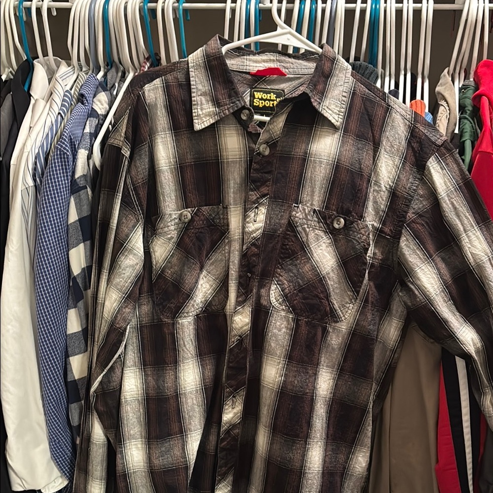 Casual Brown and White Button Down Flannel Shirt